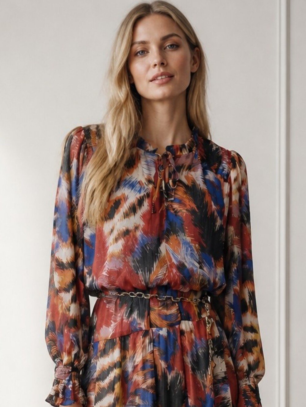 Willa Story Chiffon Smocked Blouson Maxi Dress Long Sleeve Abstract Print M